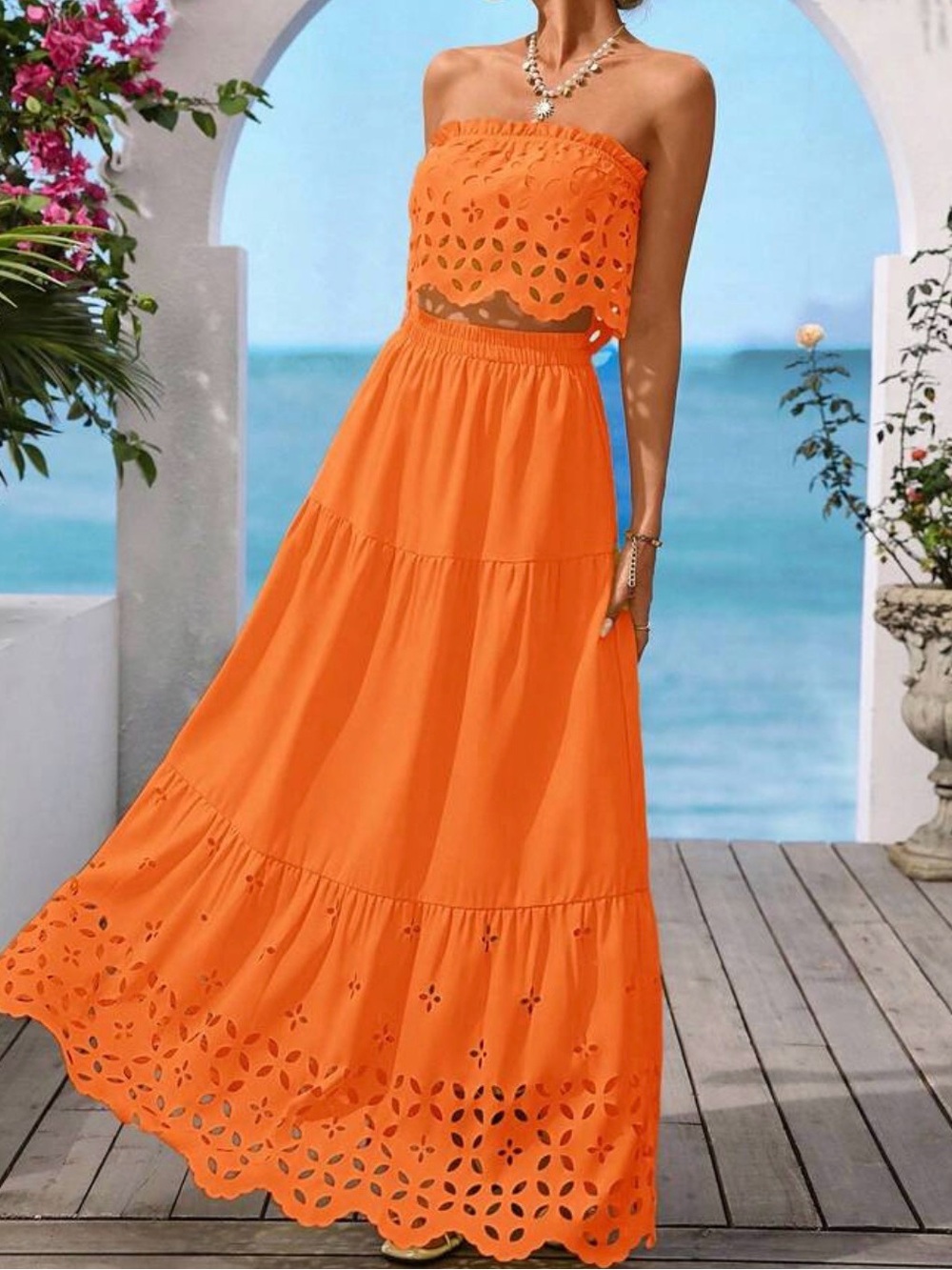 SHEIN Orange Strapless Eyelet Tiered Maxi Set LARGE